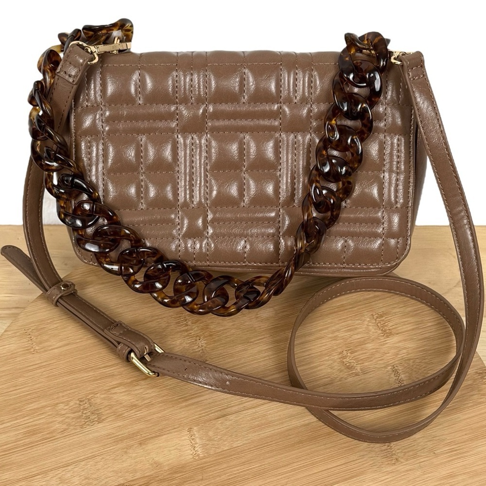 Like Dreams Taupe Quilted Shoulder Bag with Tortoise Chain & Detachable Strap